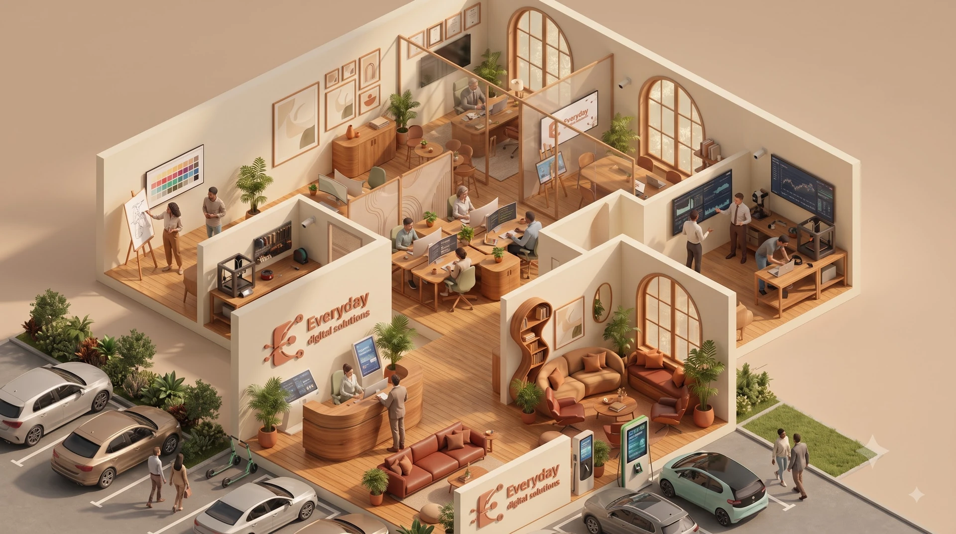 Isometric cutaway of the Everyday Digital Solutions studio — reception, open workspace, meeting rooms and client lounge, with the team at work