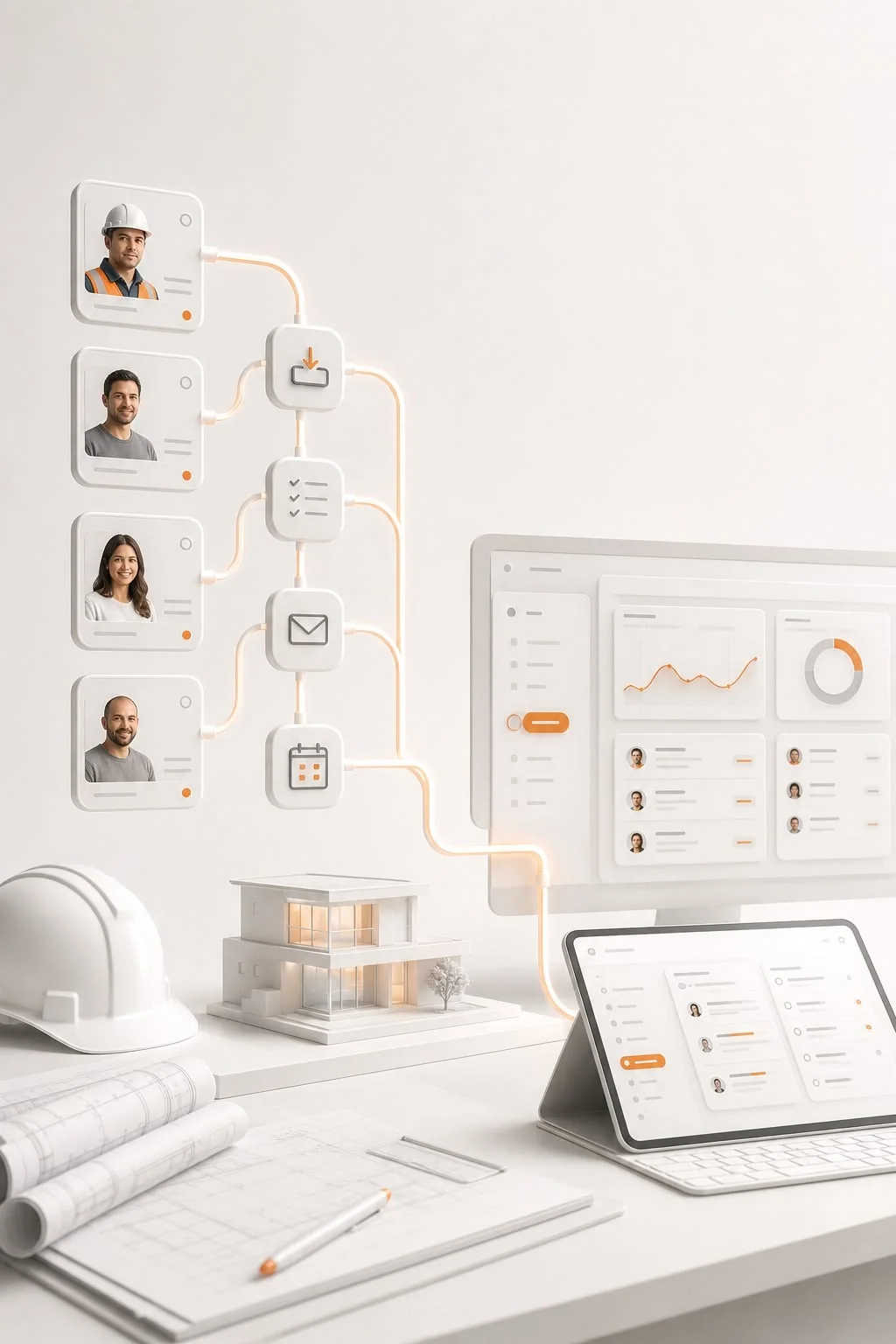 Miniature model of a CRM routing leads from a jobsite to a dashboard